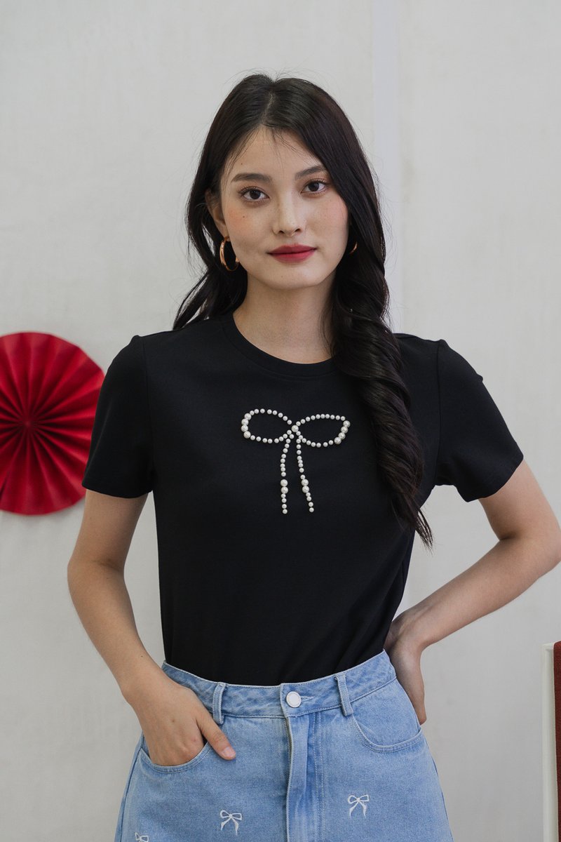 Prairie Pearl Ribbon Cotton Tee In Black (XS)