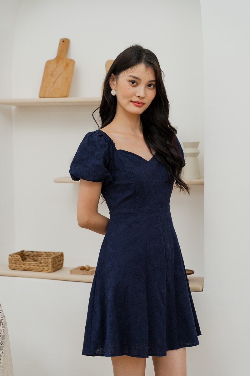 Dazzle Floral Embroidery Puff Sleeve Dress In Navy