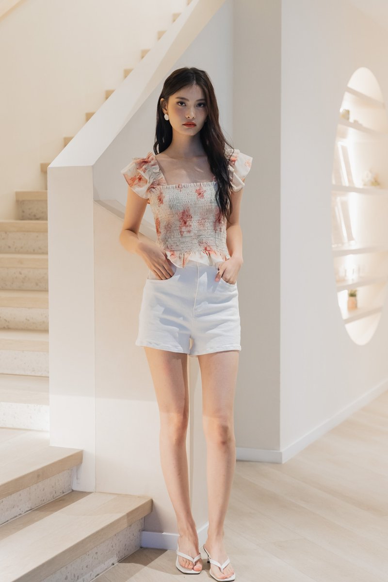 Ramona Ruffle Sleeve Smocked Top In Cream