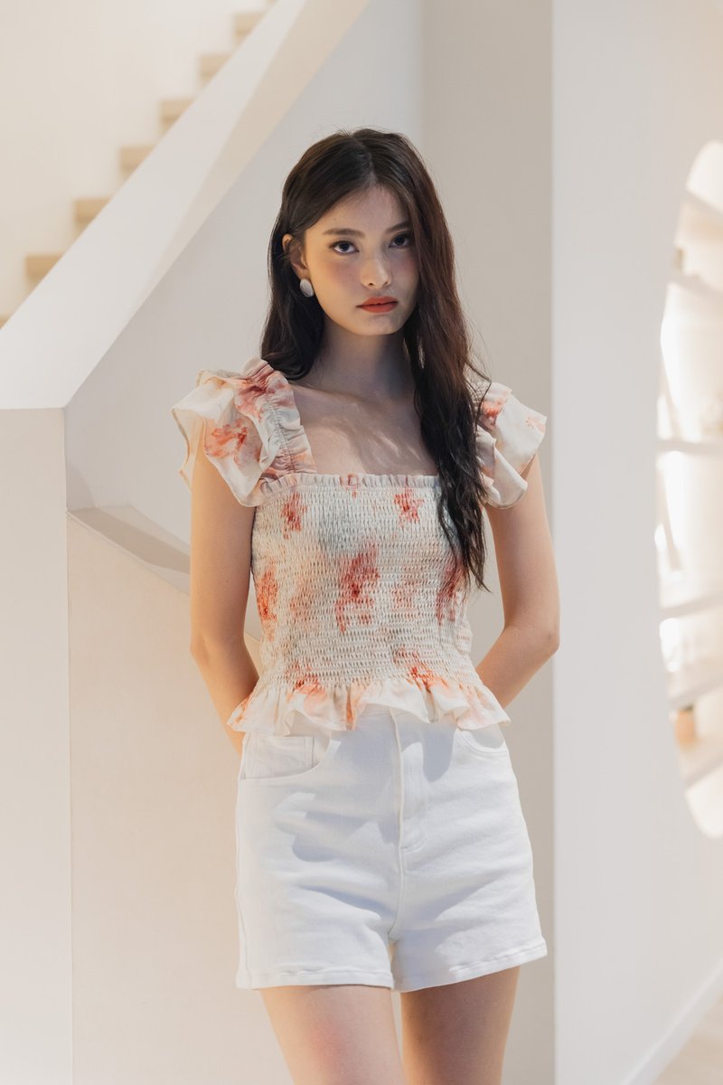 Ramona Ruffle Sleeve Smocked Top In Cream