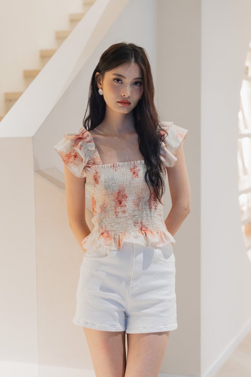 Ramona Ruffle Sleeve Smocked Top In Cream