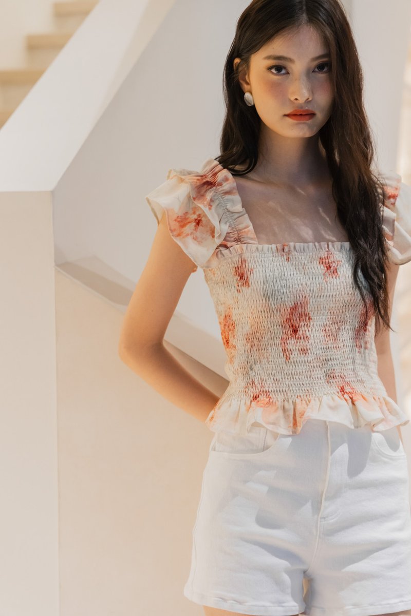 Ramona Ruffle Sleeve Smocked Top In Cream