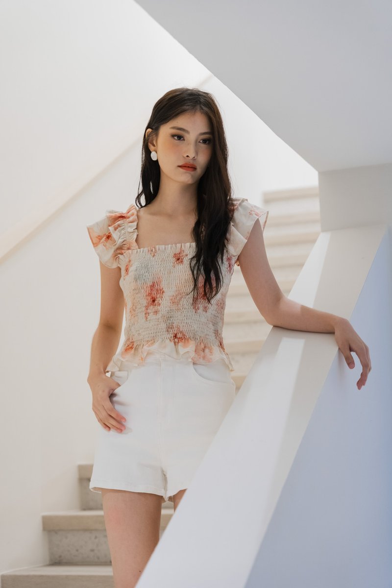 Ramona Ruffle Sleeve Smocked Top In Cream