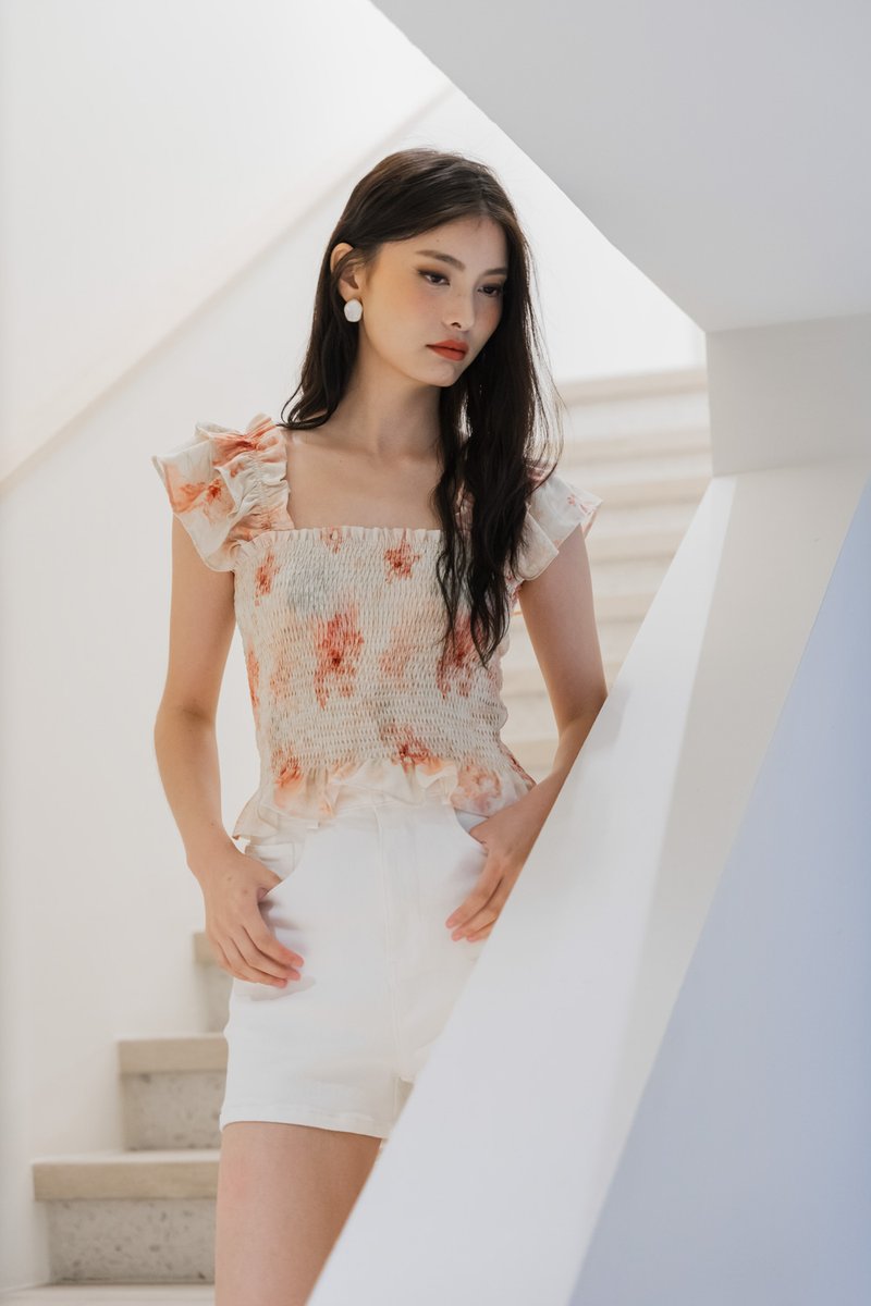 Ramona Ruffle Sleeve Smocked Top In Cream