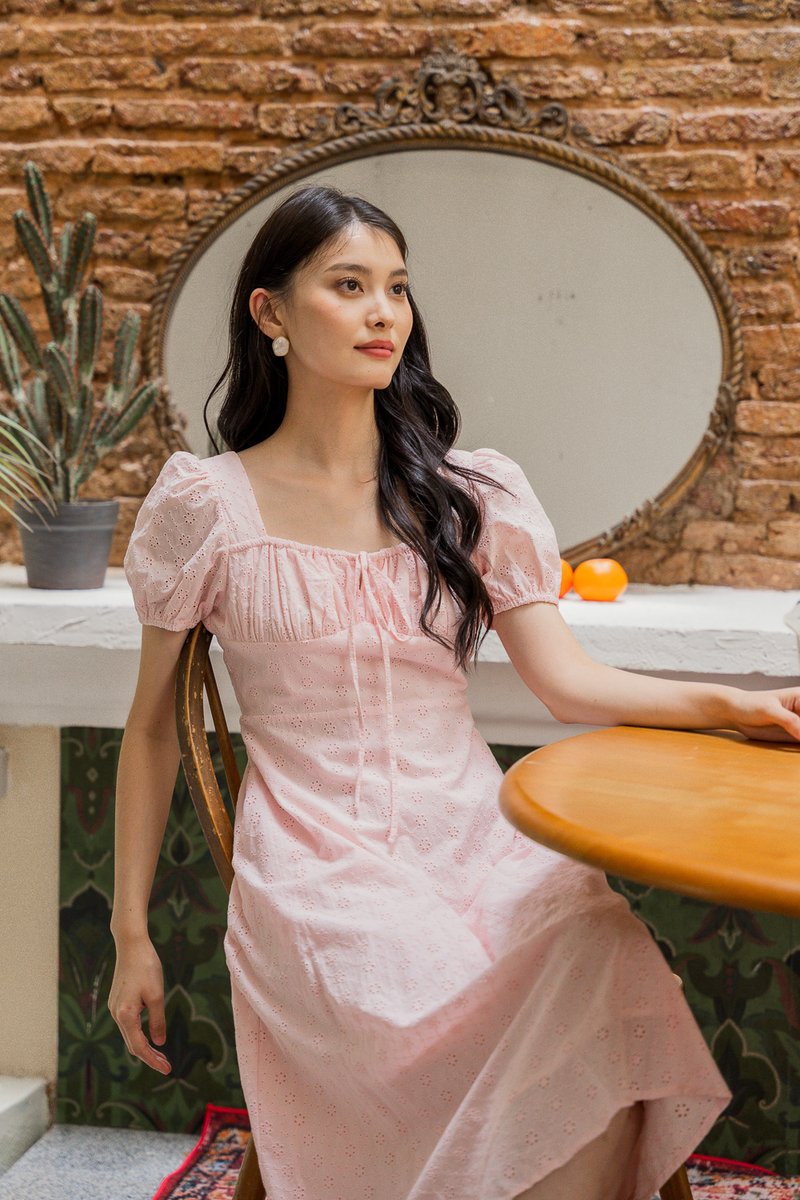 Endria Eyelet Ruched Midi Dress In Pink (XS)