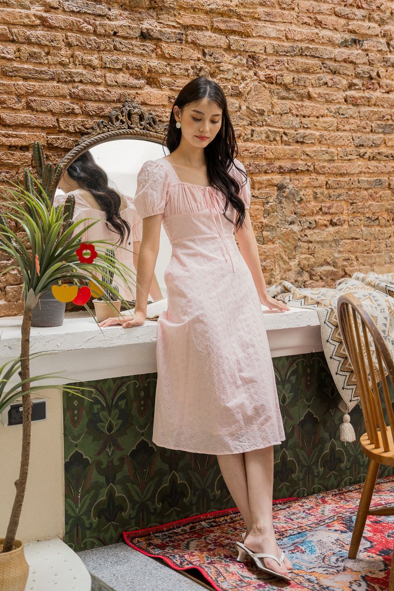 Endria Eyelet Ruched Midi Dress In Pink (XS)