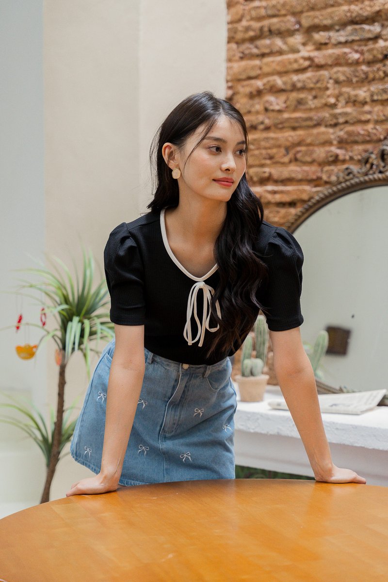 Rebec Ribbonette Ribbed Cotton Top In Black (XS)