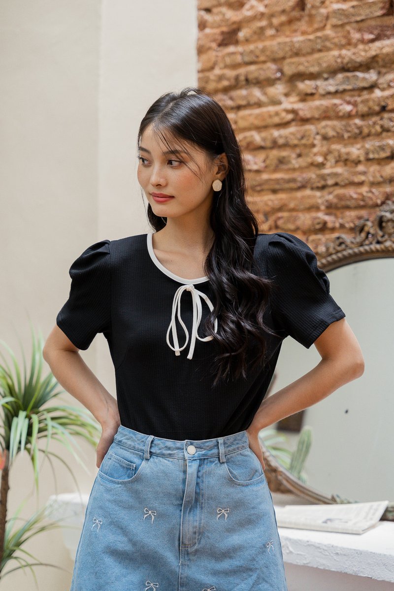 Rebec Ribbonette Ribbed Cotton Top In Black (XS)