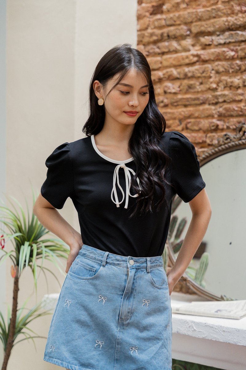 Rebec Ribbonette Ribbed Cotton Top In Black (XS)