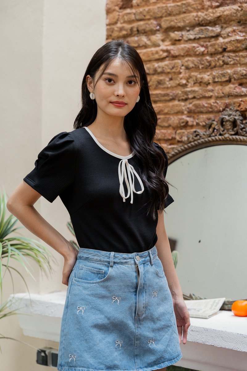 Rebec Ribbonette Ribbed Cotton Top In Black (XS)