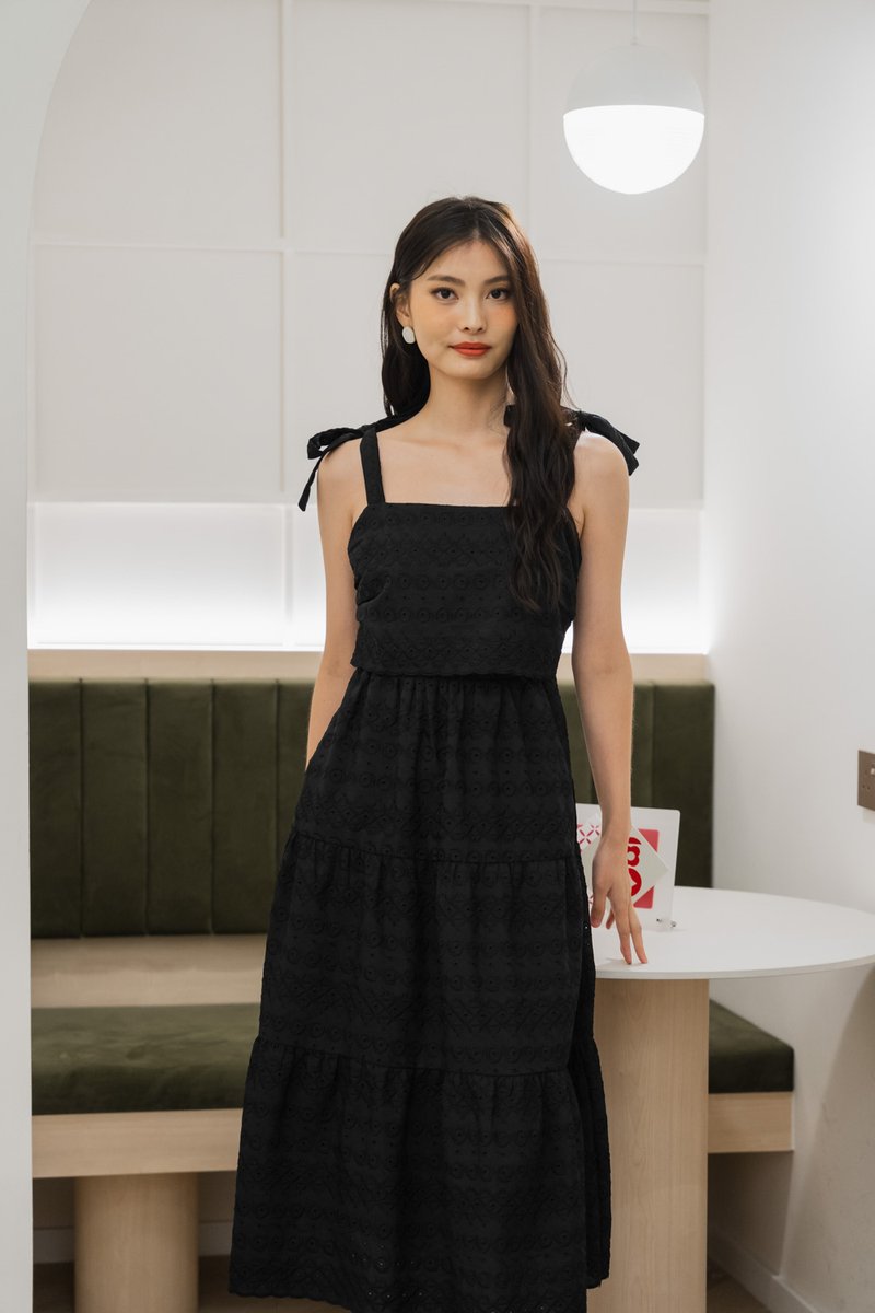 Spenser Eyelet Tiered Midi Dress In Black (XS)