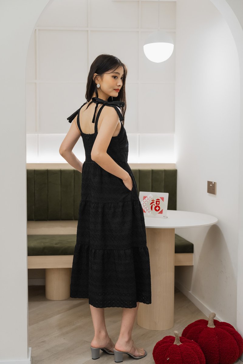 Spenser Eyelet Tiered Midi Dress In Black (XS)