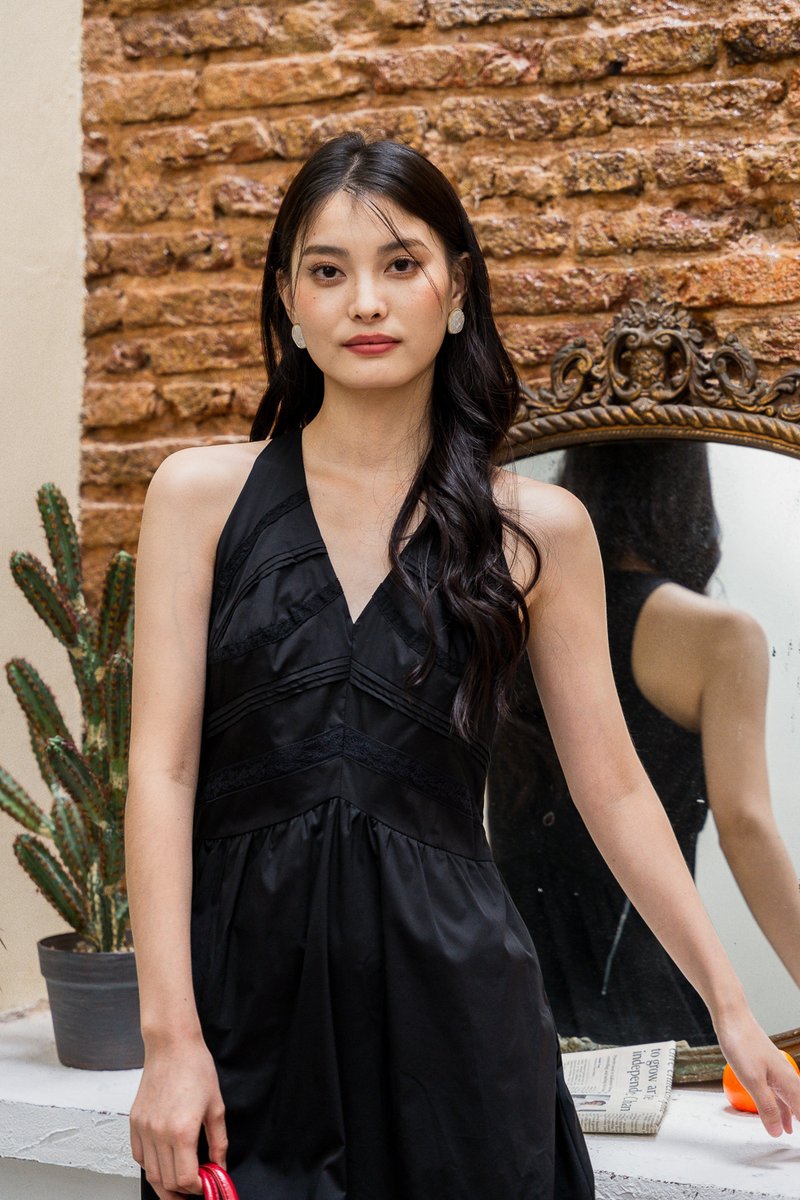 Harlow Halter V-neck Midi Dress In Black