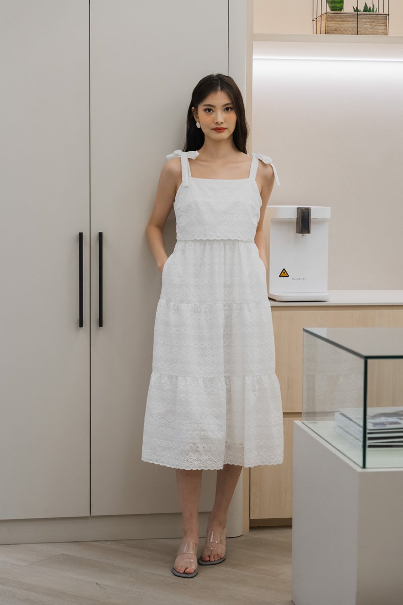 Spenser Eyelet Tiered Midi Dress In White