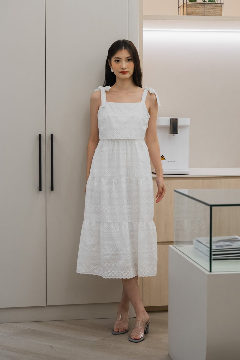 Spenser Eyelet Tiered Midi Dress In White