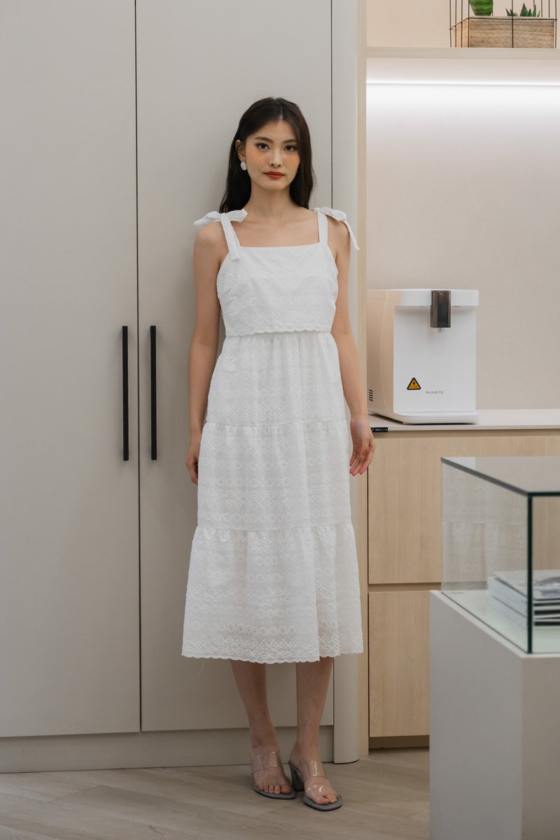Spenser Eyelet Tiered Midi Dress In White