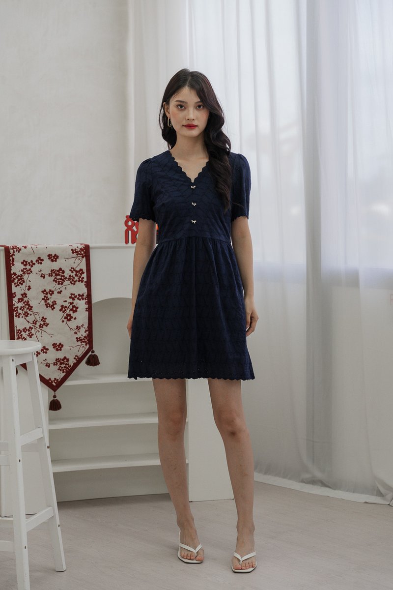Elaine Ribbon Button Eyelet Dress In Navy (XS)