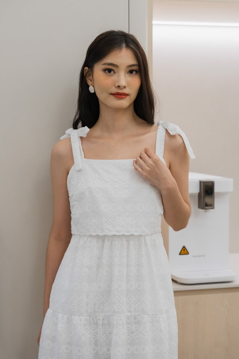 Spenser Eyelet Tiered Midi Dress In White