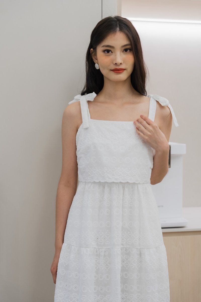 Spenser Eyelet Tiered Midi Dress In White