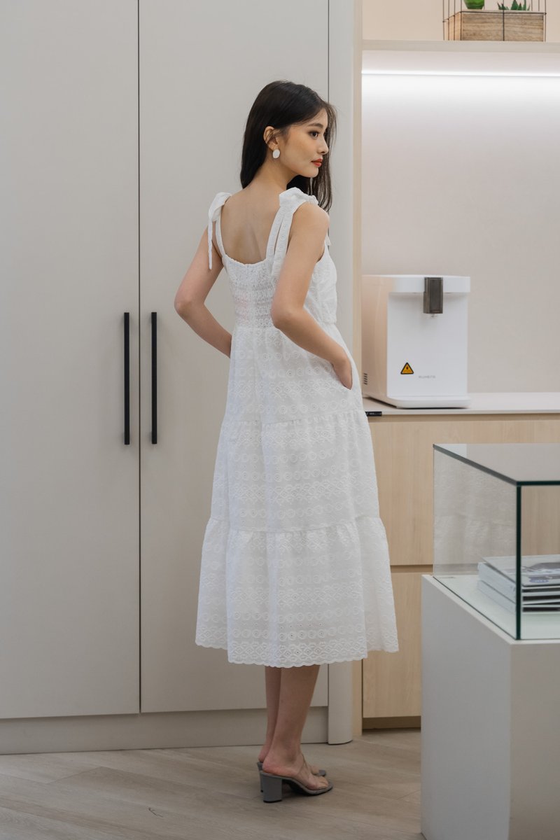 Spenser Eyelet Tiered Midi Dress In White