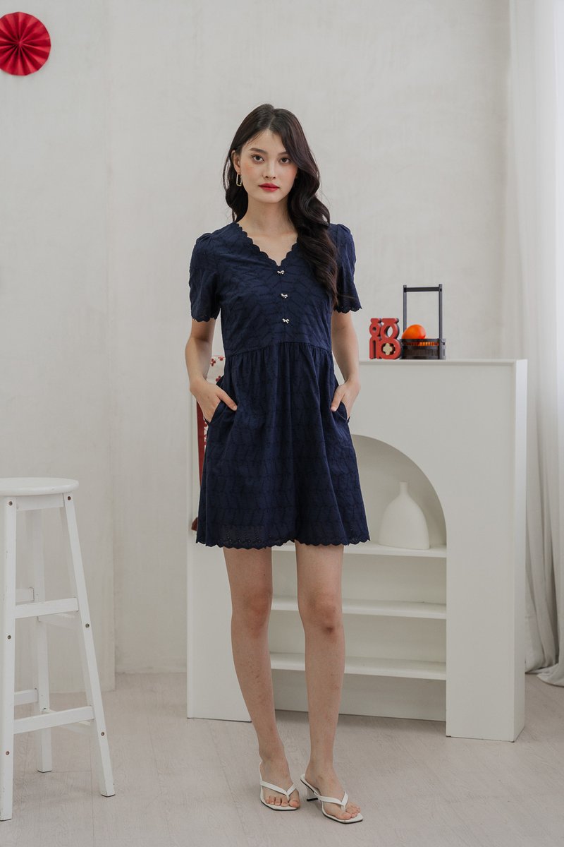 Elaine Ribbon Button Eyelet Dress In Navy (XS)