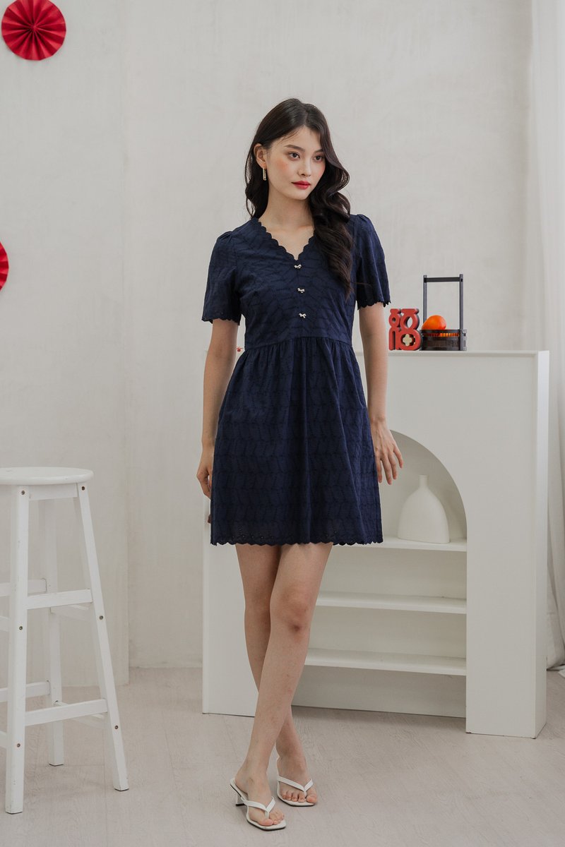 Elaine Ribbon Button Eyelet Dress In Navy (XS)