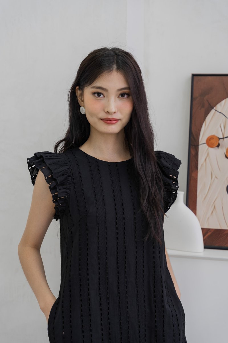 Ruth Eyelet Ruffles Sleeve Dress In Black (XS)