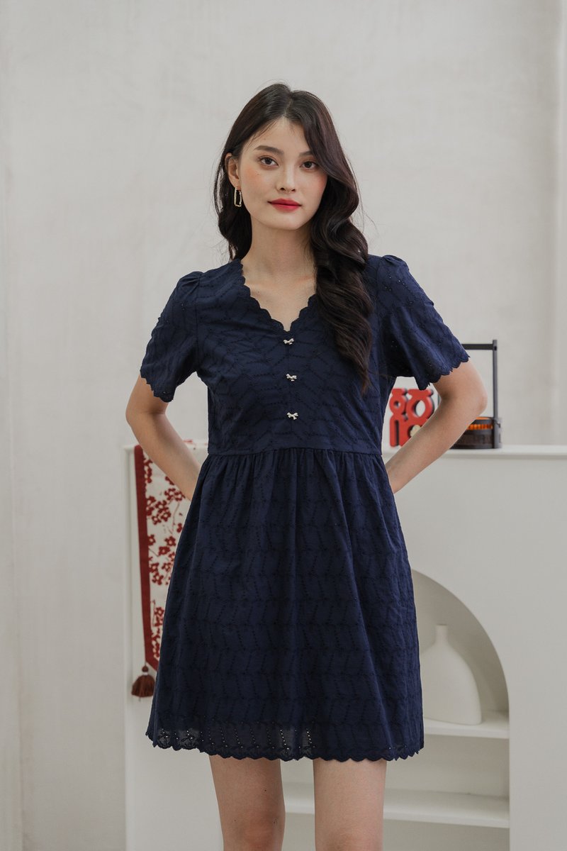 Elaine Ribbon Button Eyelet Dress In Navy (XS)
