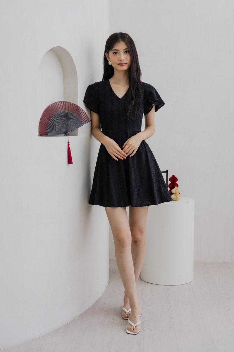 Vita Eyelet V-Neck Dress In Black (XS)