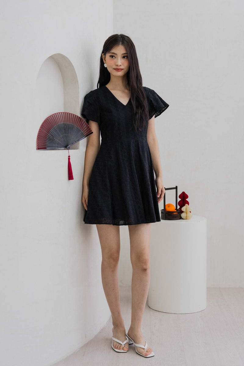 Vita Eyelet V-Neck Dress In Black (XS)