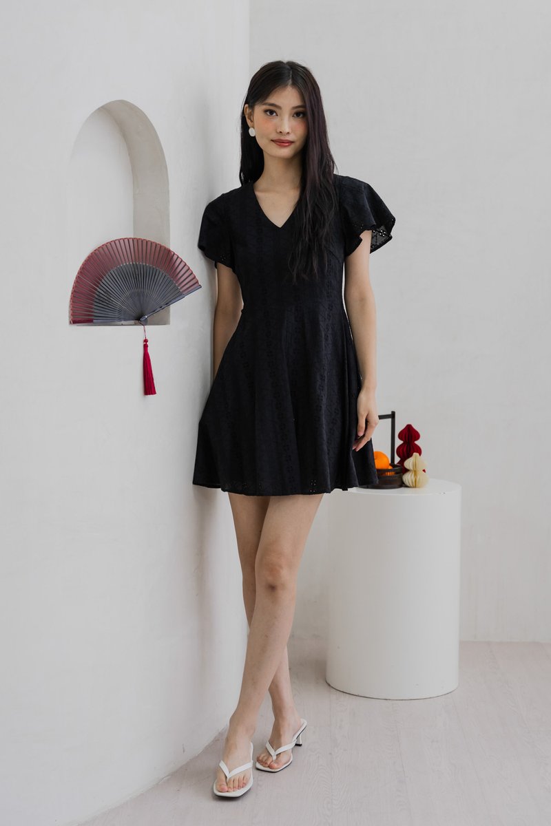 Vita Eyelet V-Neck Dress In Black (XS)