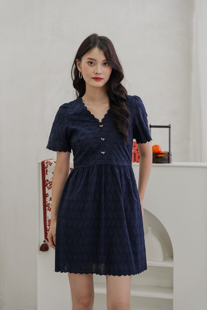 Elaine Ribbon Button Eyelet Dress In Navy (XS)