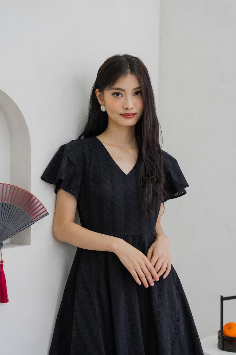 Vita Eyelet V-Neck Dress In Black (XS)