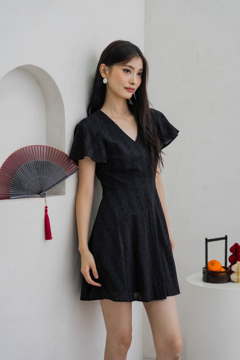 Vita Eyelet V-Neck Dress In Black (XS)