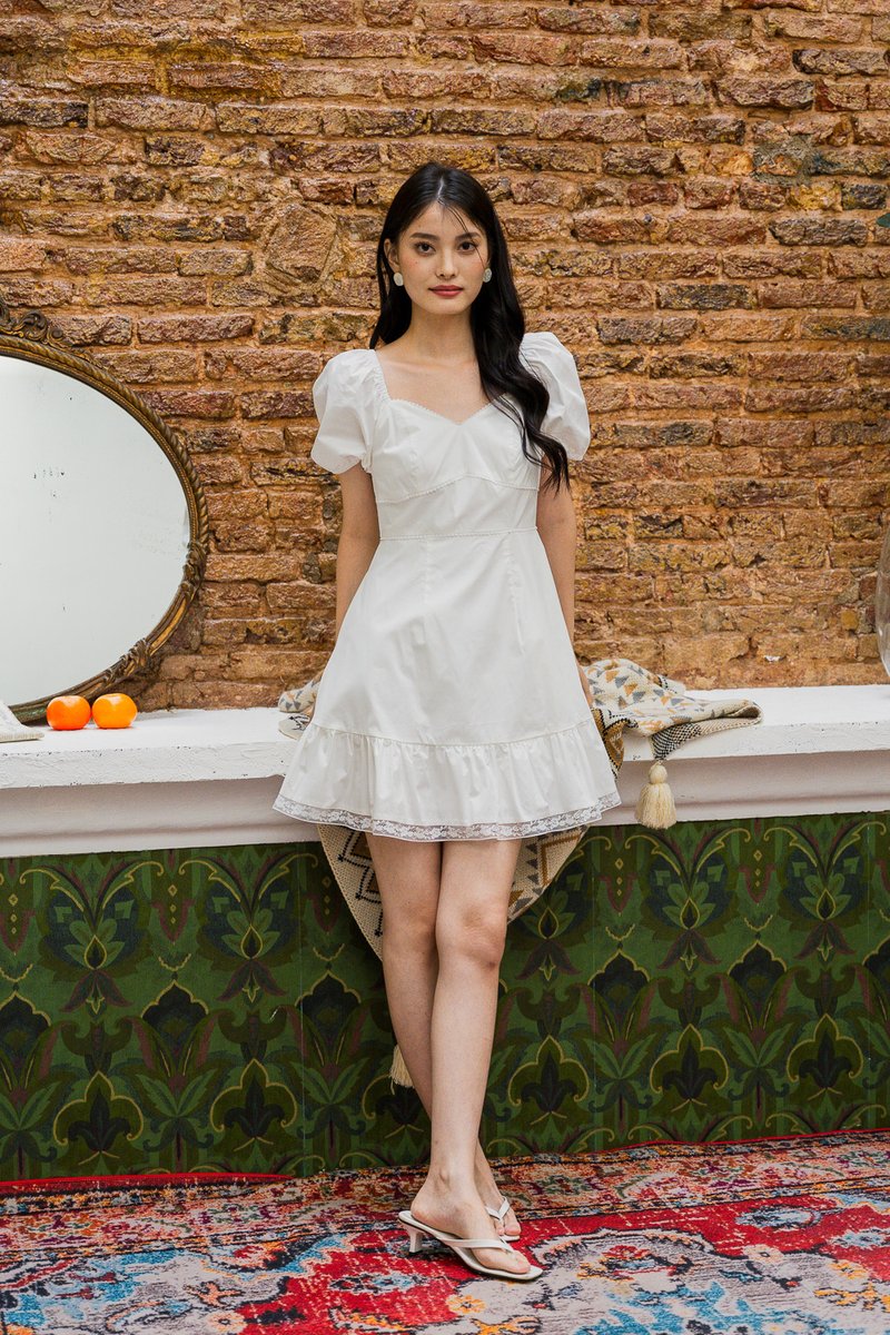 Leighton Empire Waist Lace Hem Dress In White