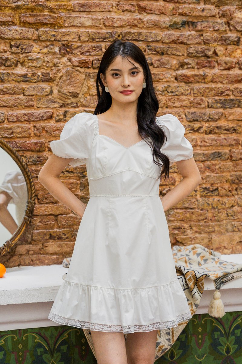 Leighton Empire Waist Lace Hem Dress In White