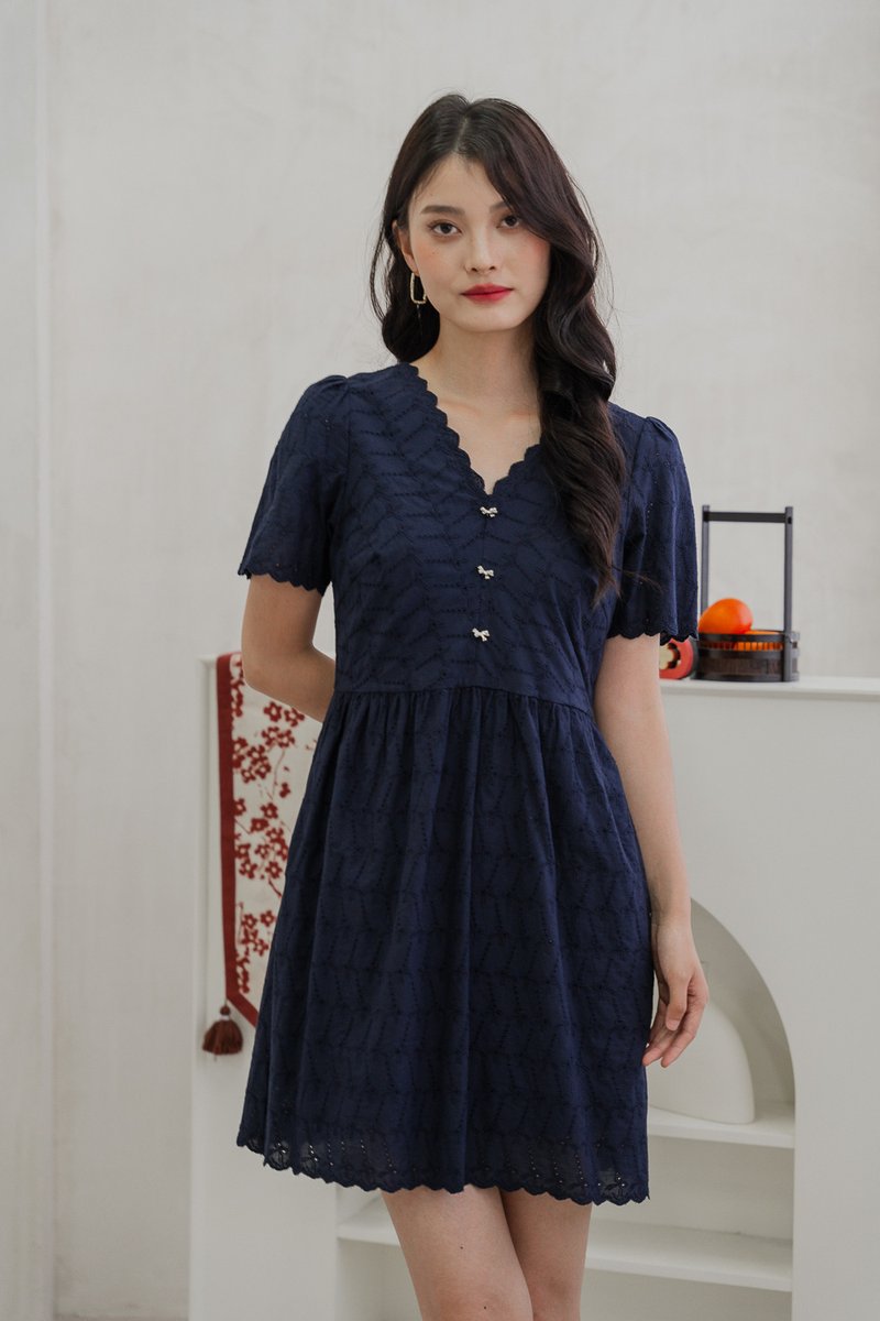 Elaine Ribbon Button Eyelet Dress In Navy (XS)