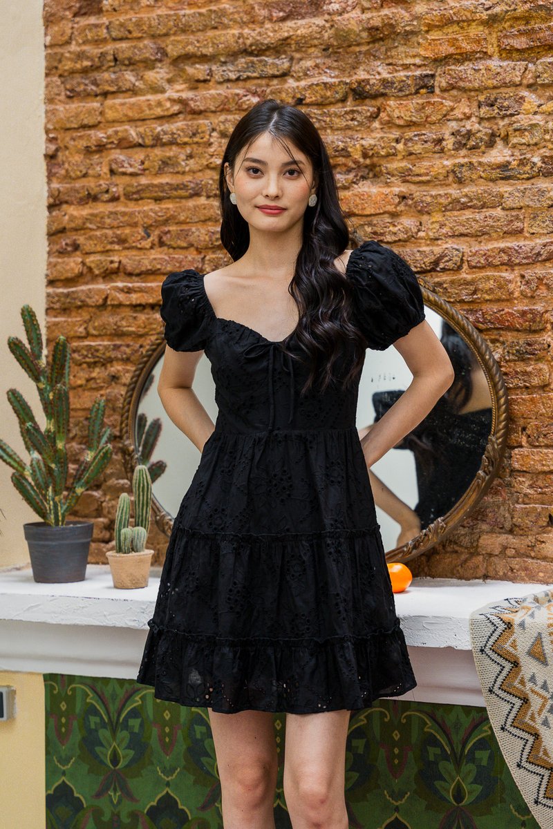 Pepper Ribbonette Puff Sleeve Tiered Dress In Black