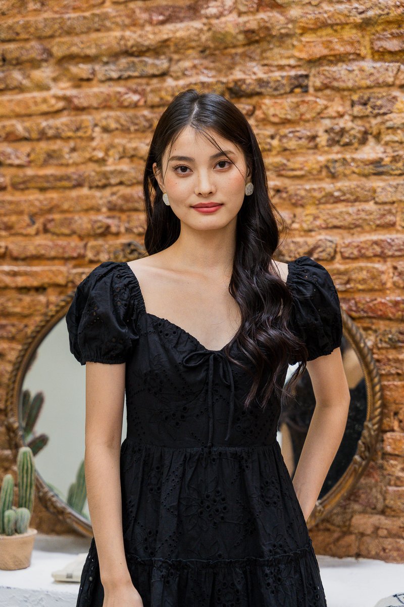 Pepper Ribbonette Puff Sleeve Tiered Dress In Black