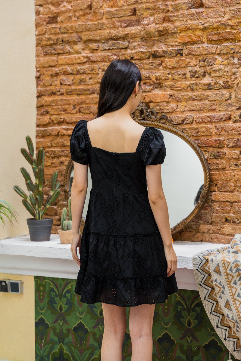 Pepper Ribbonette Puff Sleeve Tiered Dress In Black