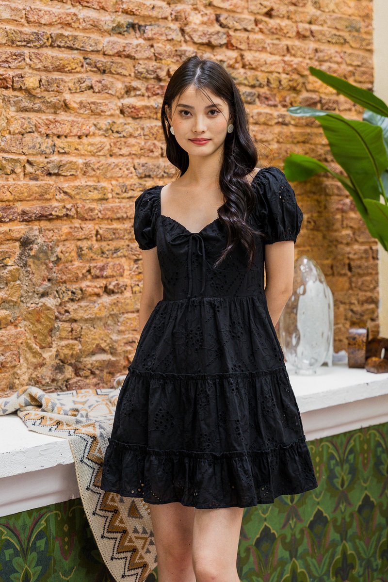 Pepper Ribbonette Puff Sleeve Tiered Dress In Black