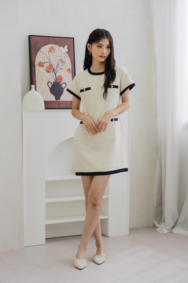 Prida Pearl Button Contrast Dress In Cream (XS)