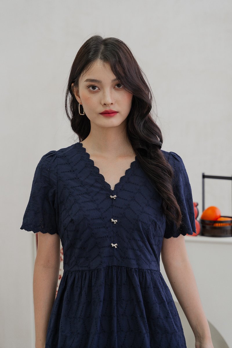 Elaine Ribbon Button Eyelet Dress In Navy (XS)