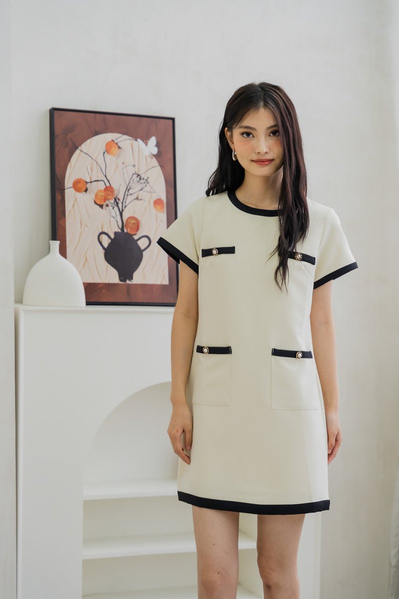 Prida Pearl Button Contrast Dress In Cream (XS)