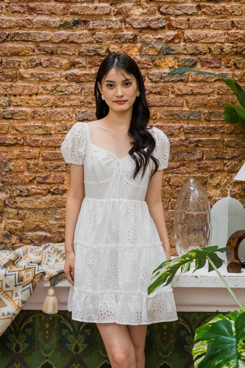 Pepper Ribbonette Puff Sleeve Tiered Dress In White (XS)