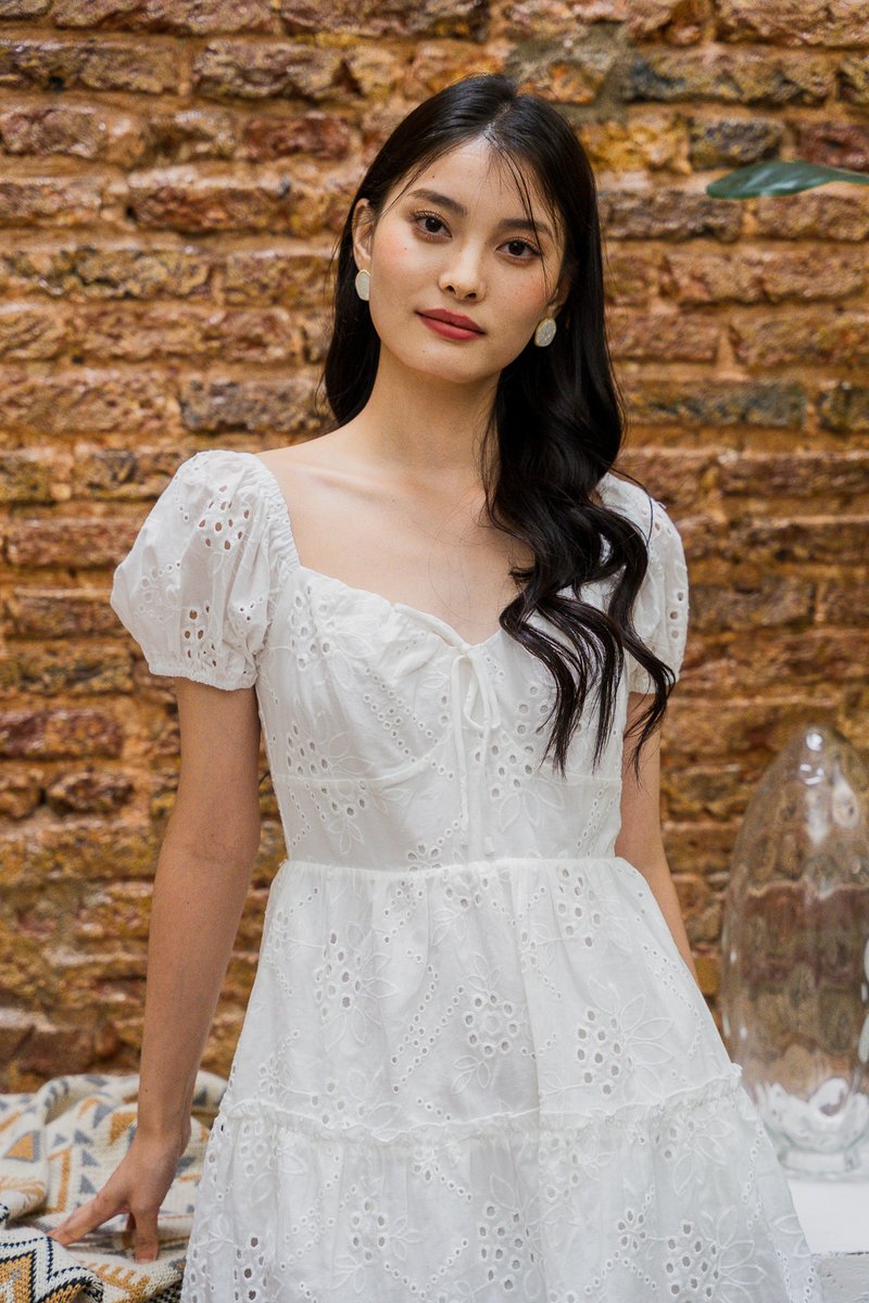 Pepper Ribbonette Puff Sleeve Tiered Dress In White (XS)