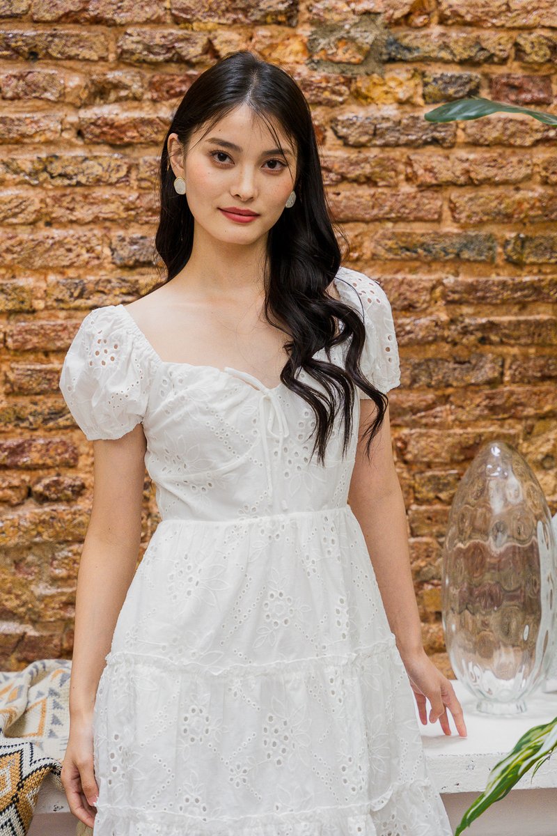 Pepper Ribbonette Puff Sleeve Tiered Dress In White (XS)