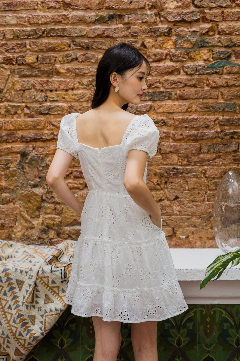 Pepper Ribbonette Puff Sleeve Tiered Dress In White (XS)