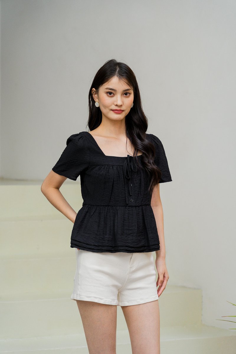 Tatum Textured Ribbonette Square Neck Top In Black (XS)