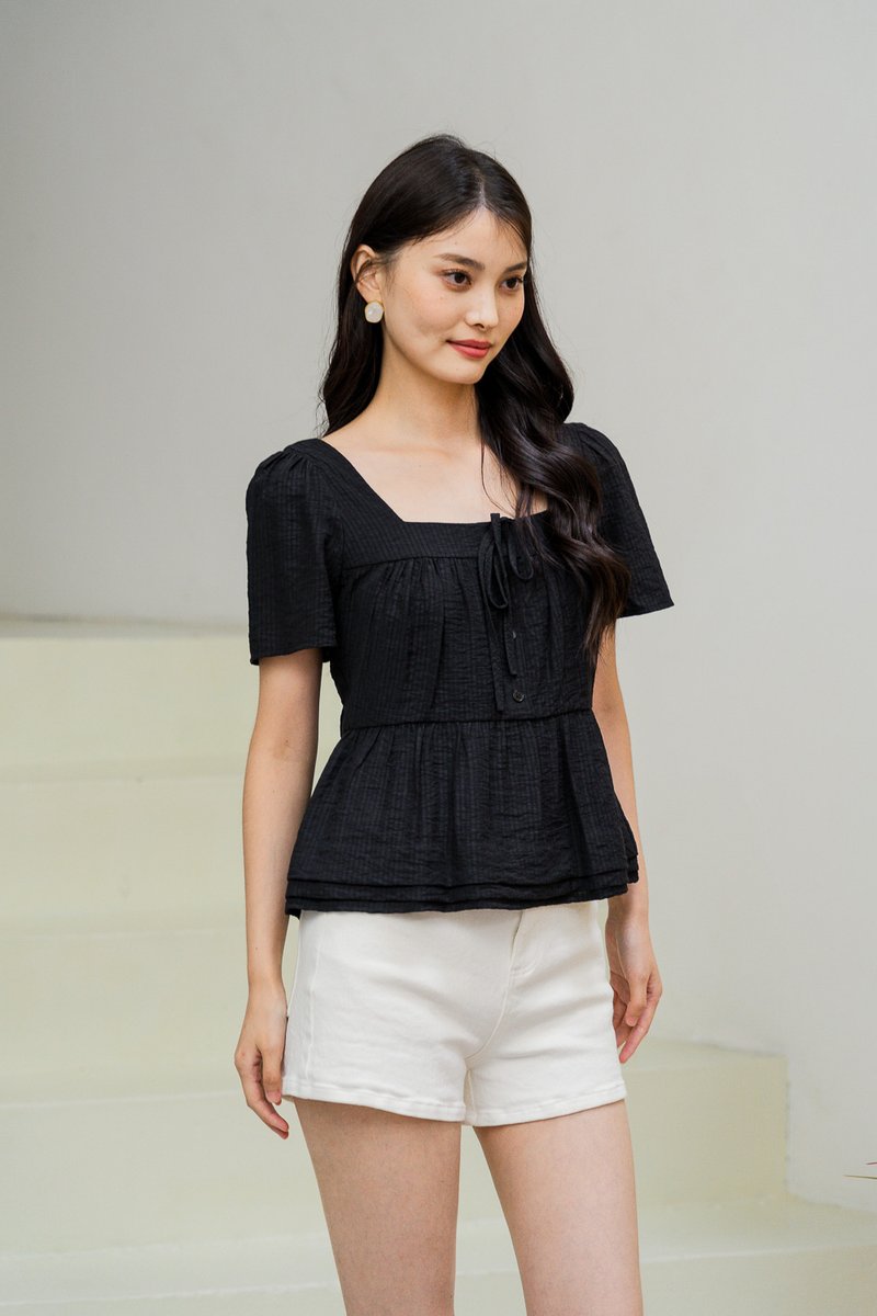 Tatum Textured Ribbonette Square Neck Top In Black (XS)
